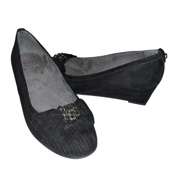Stuart Weitzman Black Suede Chain Bow & Pleats Wedge Heel Size 5.5 - Picture 1 of 8